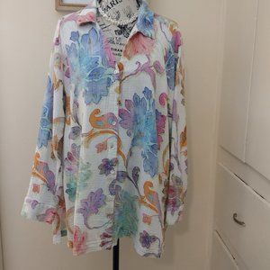 Soft Surroundings Women's Tunic Blouse Long Sleeve Top Sz 1X Watercolor Floral